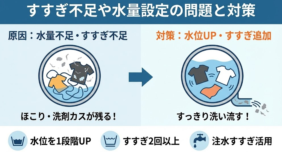 すすぎ不足や水量設定の問題