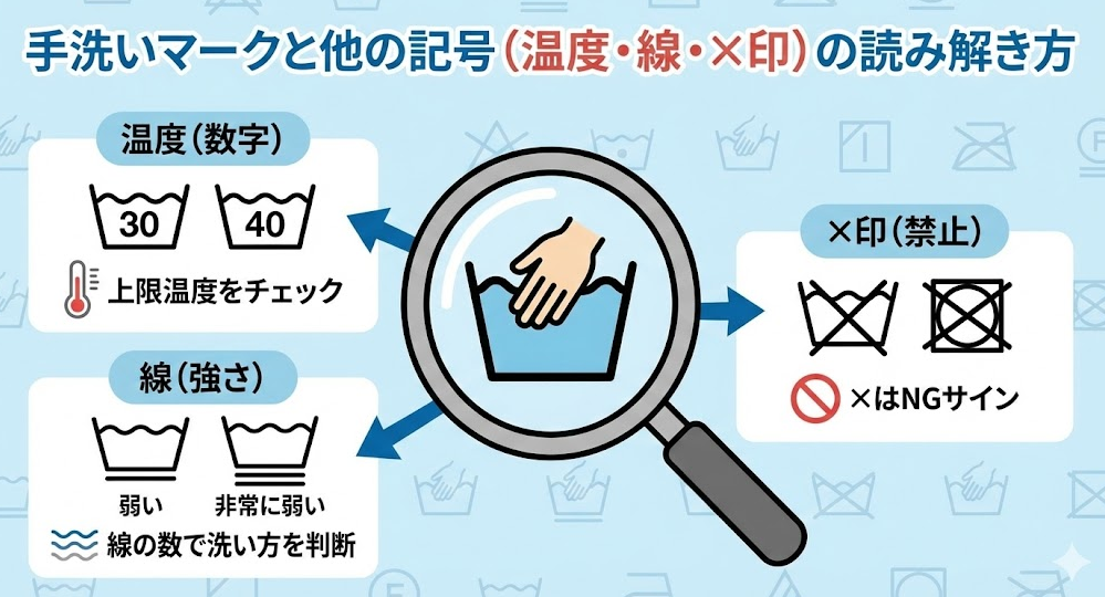 手洗いマークと他の記号（温度・線・×印）の読み解き方