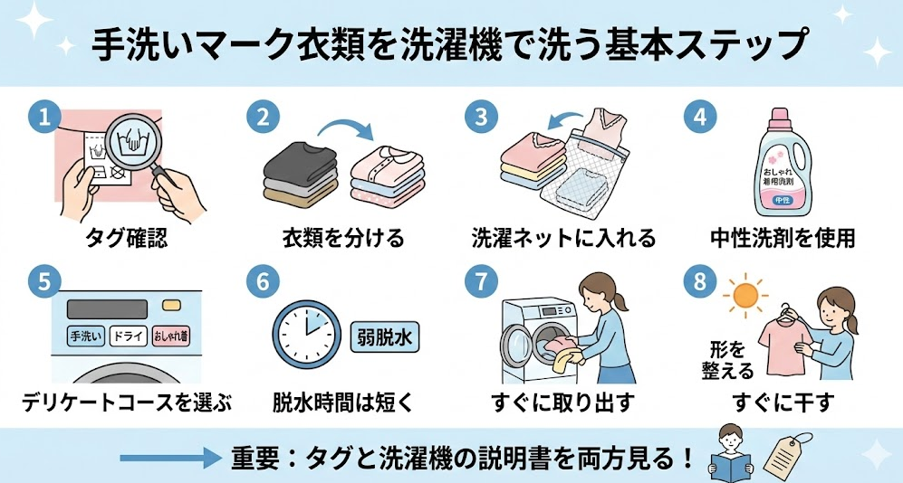手洗いマーク衣類を洗濯機で洗うときの基本ステップ
