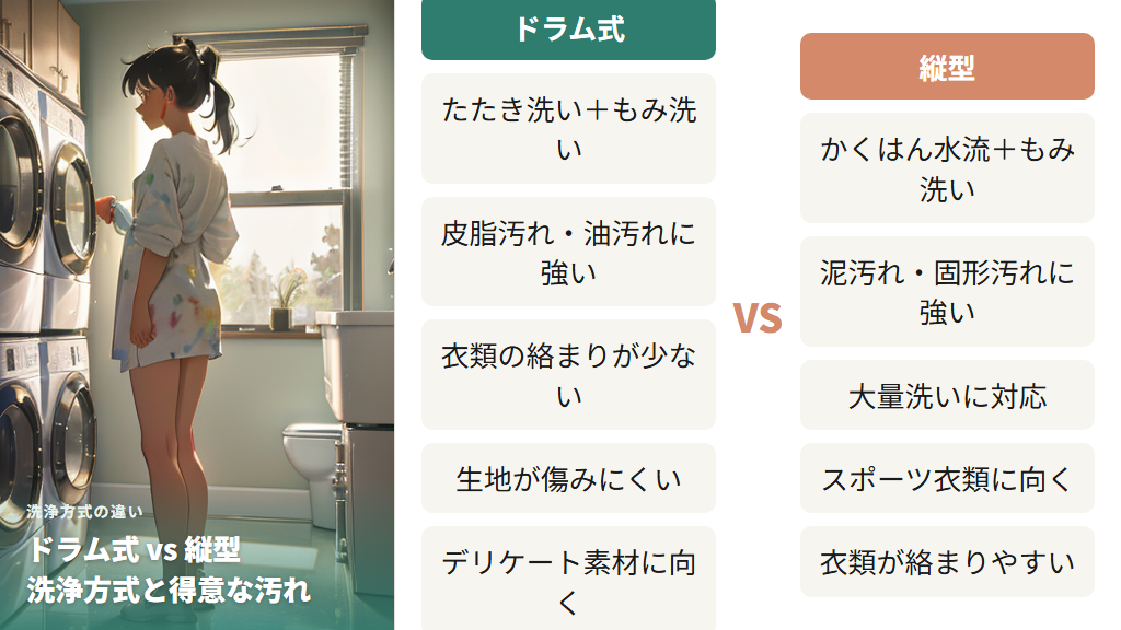ドラム式と縦型の洗浄方式の違いと得意な汚れの種類を比較