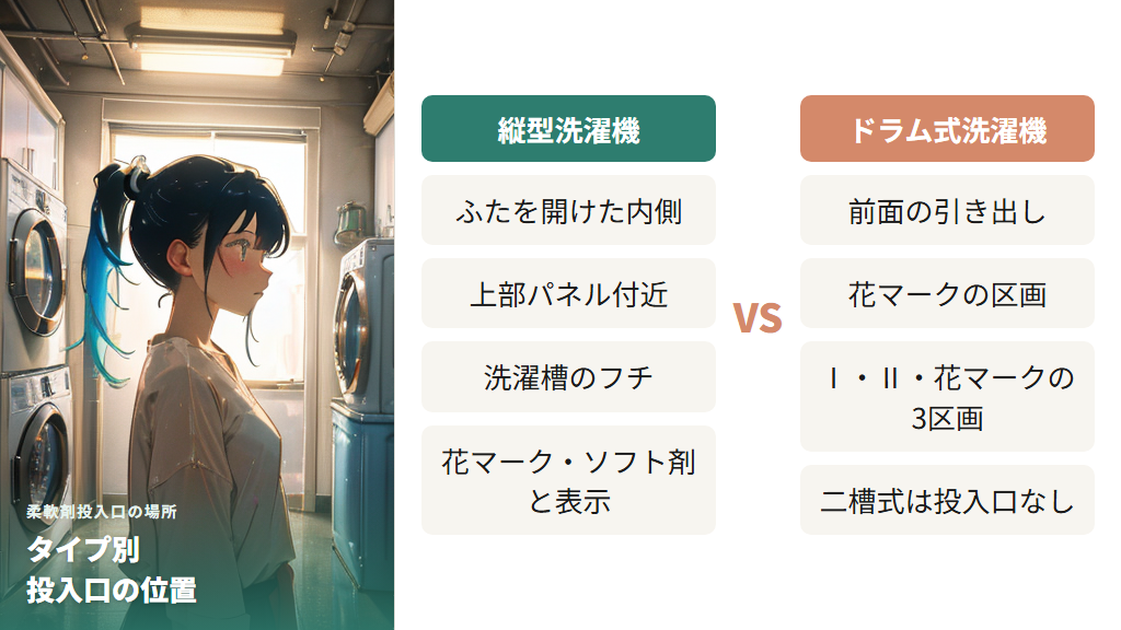 柔軟剤投入口はどこにある?縦型・ドラム式・二槽式別の場所
