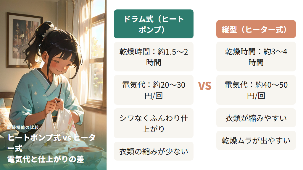 乾燥機能の実力差：ヒートポンプ式とヒーター式で電気代と仕上がりが違う