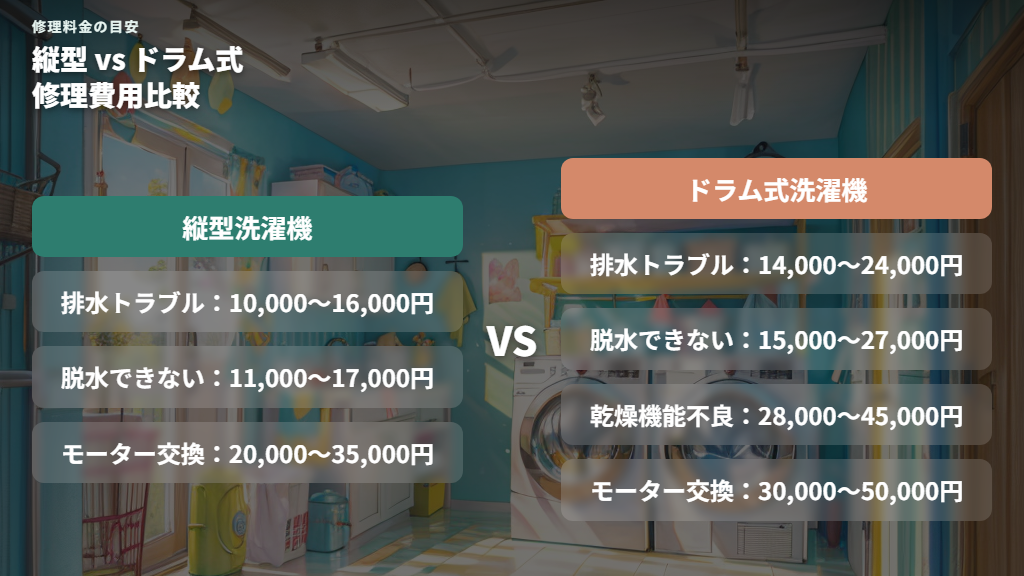 症状別・機種別の修理料金目安（縦型とドラム式の部品代の違い）