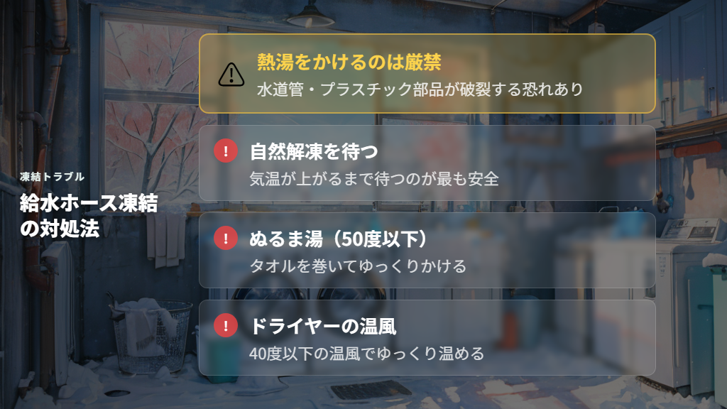 冬場に多発する給水ホースの凍結と折れ曲がり