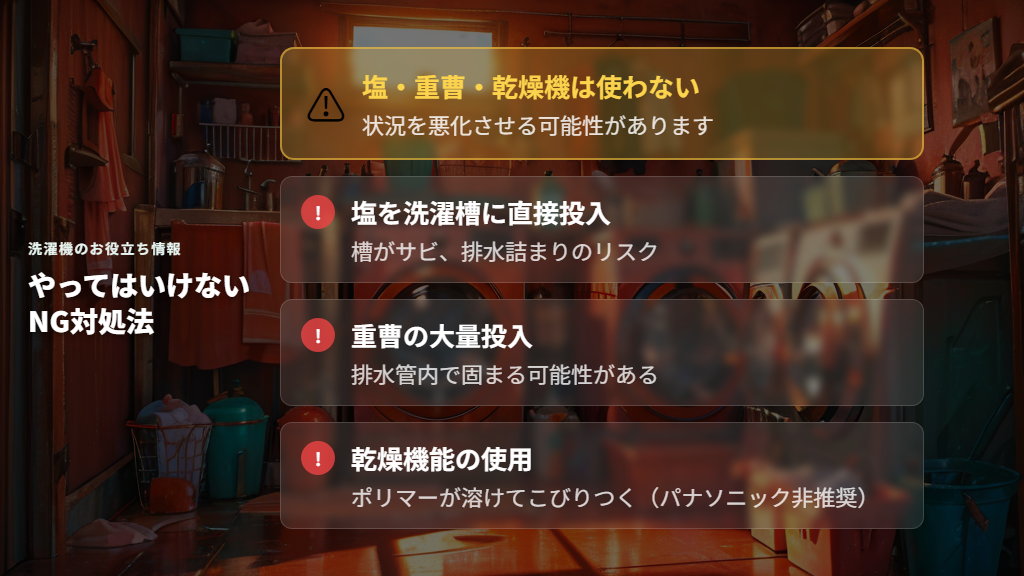覚えておきたいNG対処法：塩・重曹・乾燥機能は使わない