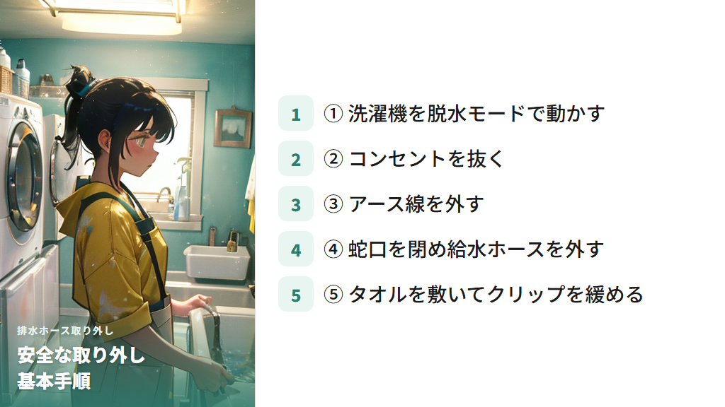 洗濯機の本体から排水ホースを安全に取り外す手順