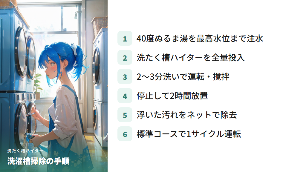 洗たく槽ハイターで洗濯槽を掃除する手順