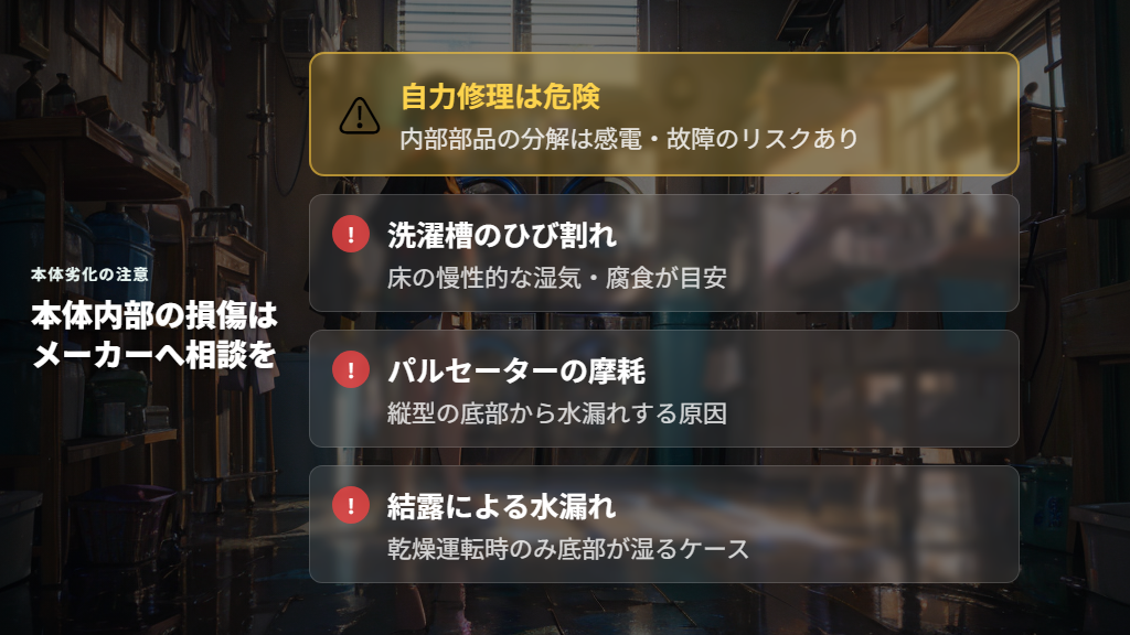 洗濯機本体・内部部品の劣化による底からの水漏れ