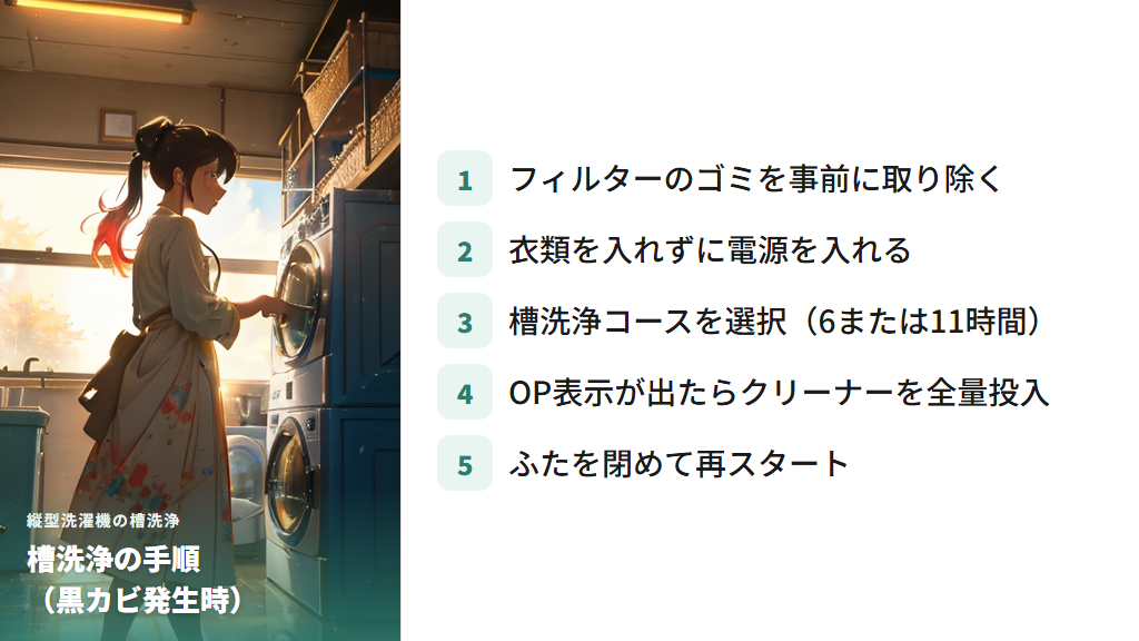 縦型洗濯機の槽洗浄コースを使う手順（黒カビ発生時）