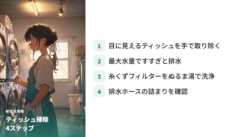 縦型洗濯機のティッシュ掃除手順