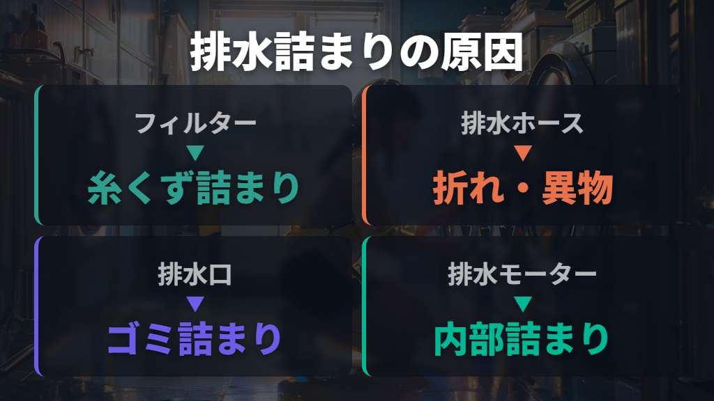 排水フィルター・ホース詰まりがすすぎを妨げるパターン