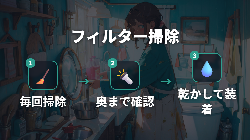 乾燥フィルターとダクト奥の詰まりを取り除く掃除手順