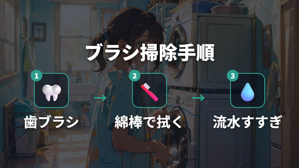 Step 2: 歯ブラシ・綿棒・ブラシで奥のカビをこすり落とす