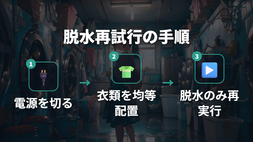 洗濯物の偏りをほぐして脱水を再試行する手順