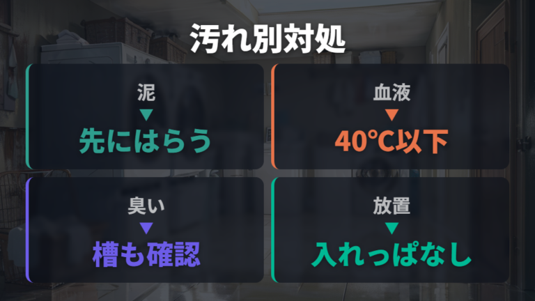 落ちない汚れへの対処法は泥・血液・ニオイで分ける
