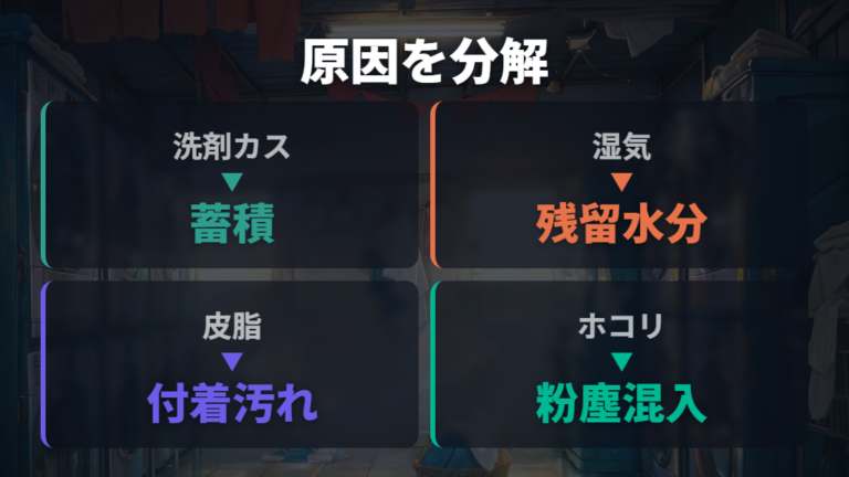 黒い汚れが出る原因は洗剤カスや湿気などの蓄積