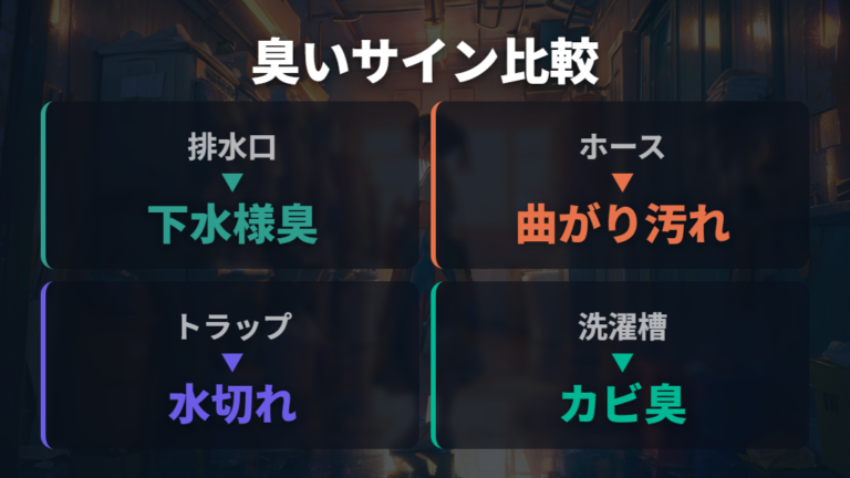 排水口・ホース・洗濯槽の臭いサインを比較する