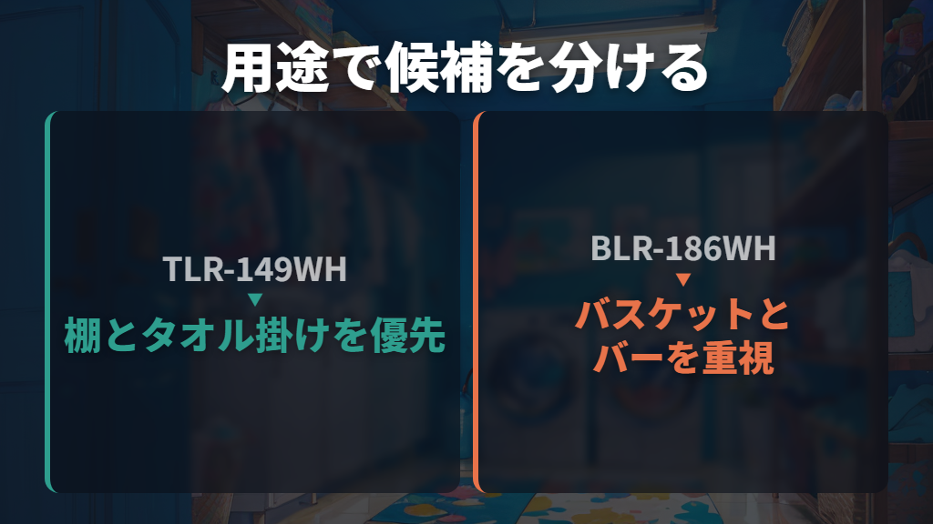 価格を抑えるならタオル掛け付き、バスケットも置くならBLR-186WH