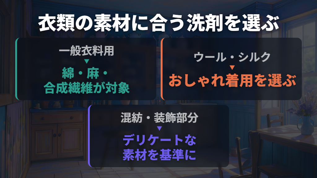 衣類用と槽用を区別し、衣類の素材に合う洗剤を選ぶ