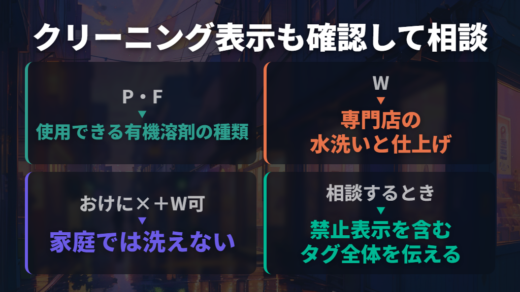家庭で洗えない衣類はP・F・Wを見てクリーニング店へ相談