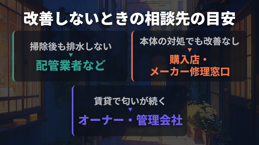 改善しないときは設備・本体・賃貸の条件で相談先を選ぶ