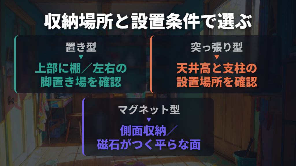 置き型・突っ張り型・マグネット型は収納する場所で選ぶ