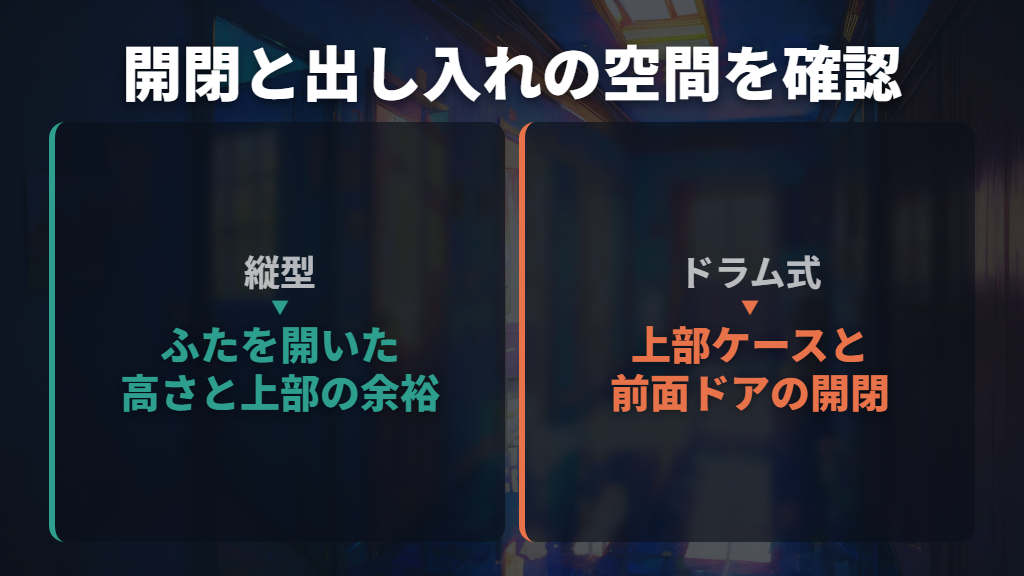 縦型はふた、ドラム式は上部のケースと前面ドアを確認する